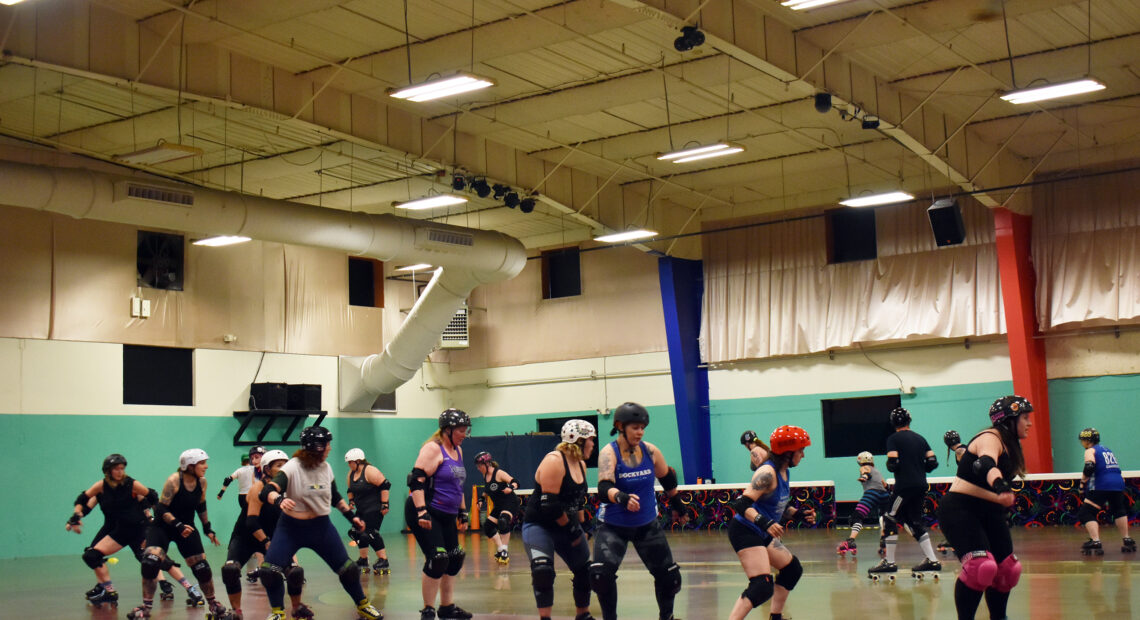 Skaters on the Dockyard Roller Derby league in Tacoma practice on Monday, June 12. // Lauren Gallup NWPB