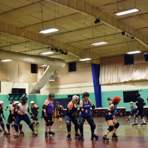 Skaters on the Dockyard Roller Derby league in Tacoma practice on Monday, June 12. // Lauren Gallup NWPB