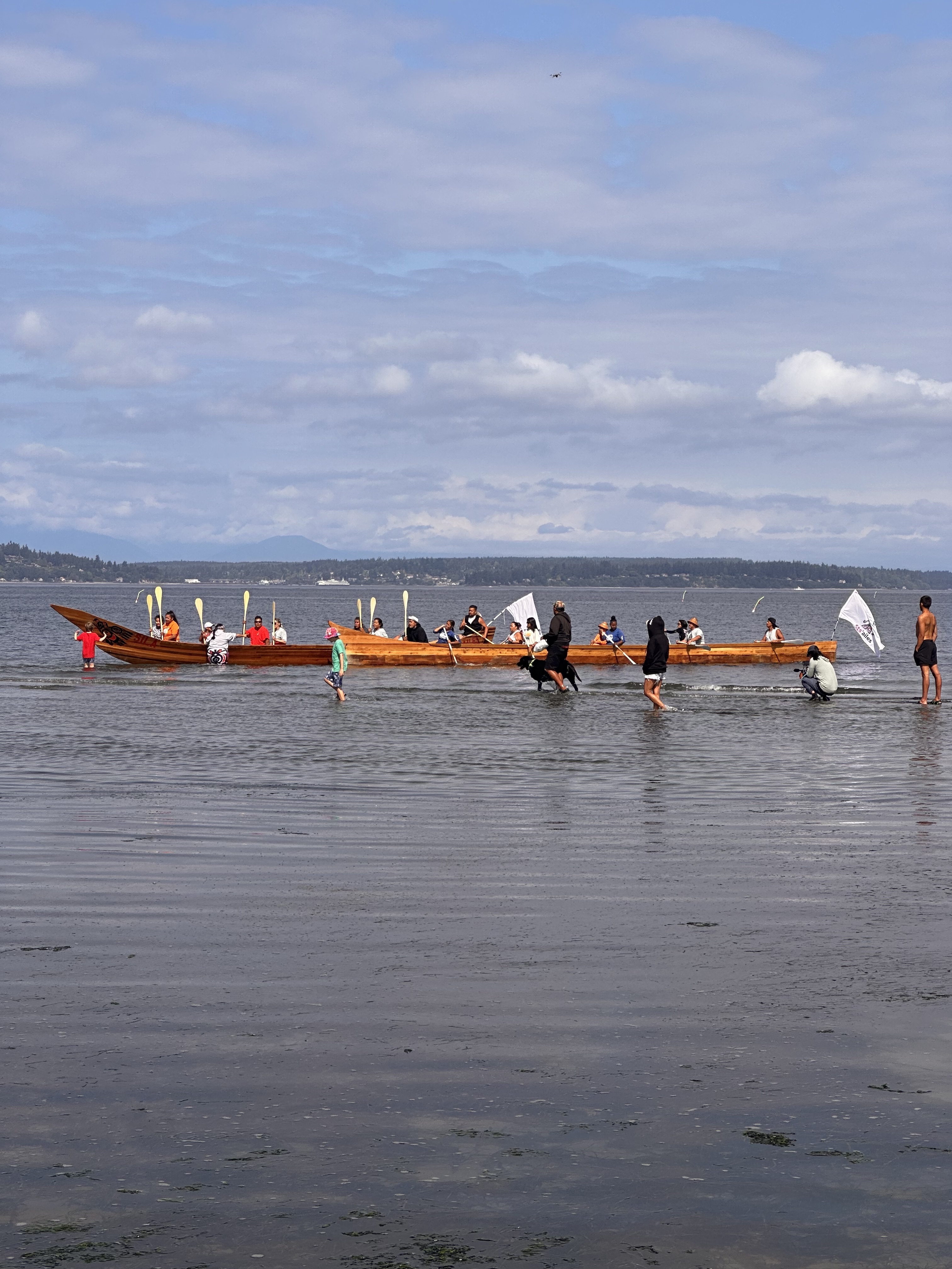 Canoes traveled along ancestral highways of the Salish Sea to arrive at Alki Beach Sunday, July 30. // CREDIT: Tracci Dial, NWPB