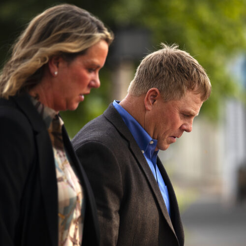 Cody Easterday walks with family members from the Federal Courthouse on South Third Street after being sentenced to 11 years, on Tuesday, October 4, 2022, in Yakima. KUOW Photo/Megan Farmer