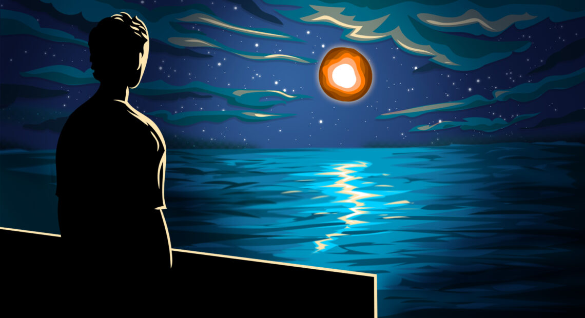 A digital illustration shows the silhouette of a man looking out over the ocean at a floating orange orb framed by stars in the night sky.