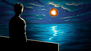 A digital illustration shows the silhouette of a man looking out over the ocean at a floating orange orb framed by stars in the night sky.