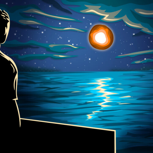 A digital illustration shows the silhouette of a man looking out over the ocean at a floating orange orb framed by stars in the night sky.