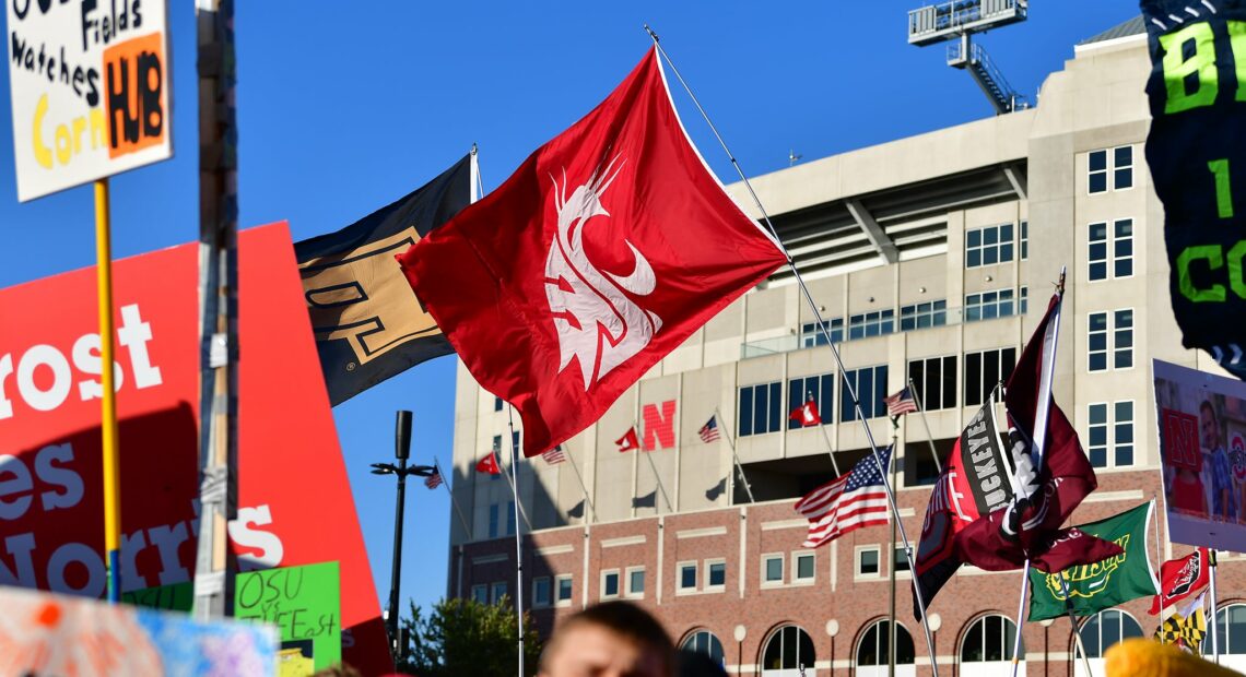 The Ol' Crimson flag waves during an ESPN College GameDay. (Courtesy Of Ol' Crimson Booster Club)