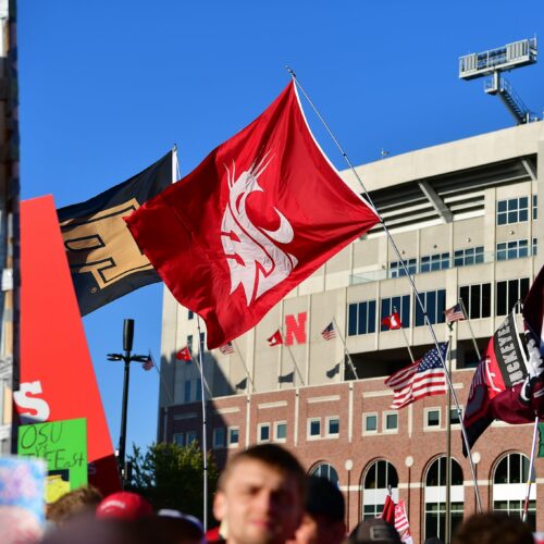 The Ol' Crimson flag waves during an ESPN College GameDay. (Courtesy Of Ol' Crimson Booster Club)