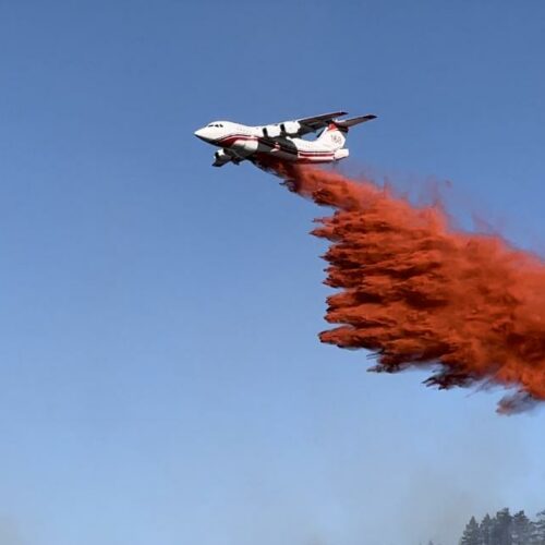 A Very Large Air Tanker dropping retardant on the Eagle Bluff Fire, burning in Okanogan County. // Credit: InciWeb