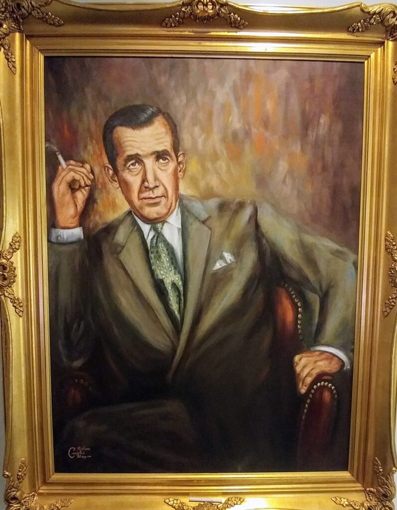 Portrait painting of Edward R Murrow with a golden frame