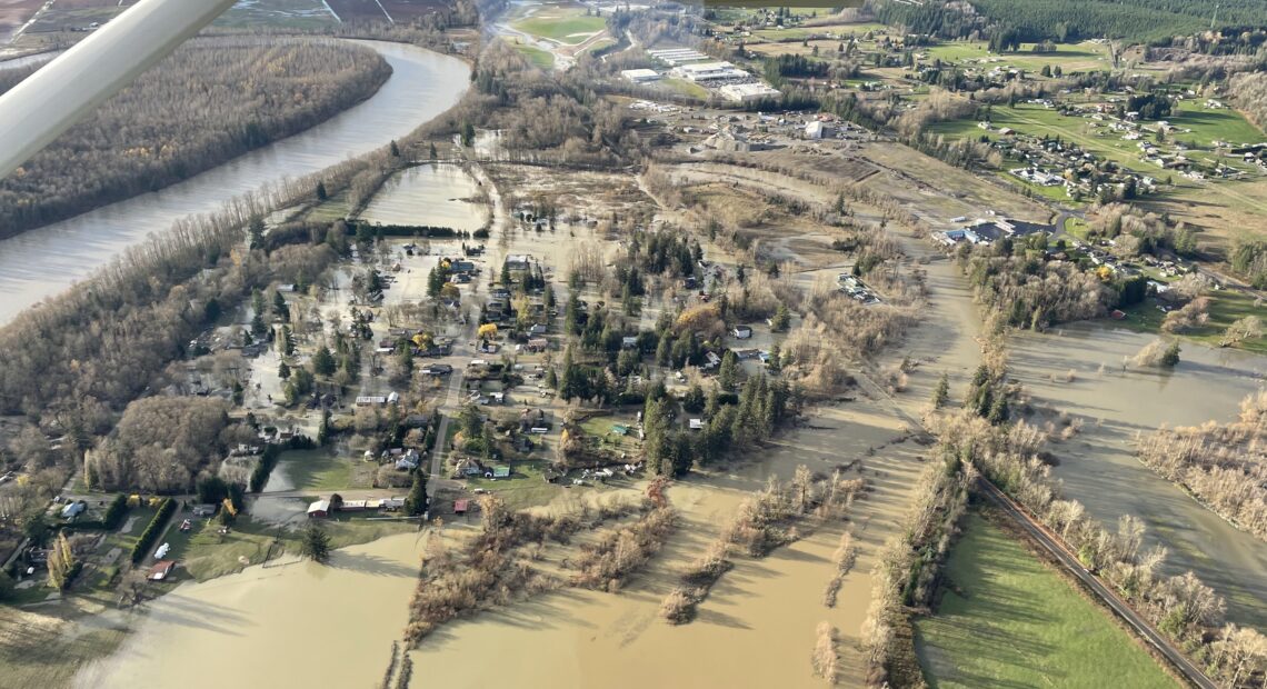 Aerial photo of flooding on the Skagit River in Nov. 2021. // Courtesy Brandon Parsons, with aerial support by LightHawk.