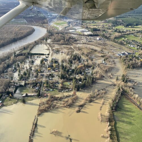 Aerial photo of flooding on the Skagit River in Nov. 2021. // Courtesy Brandon Parsons, with aerial support by LightHawk.