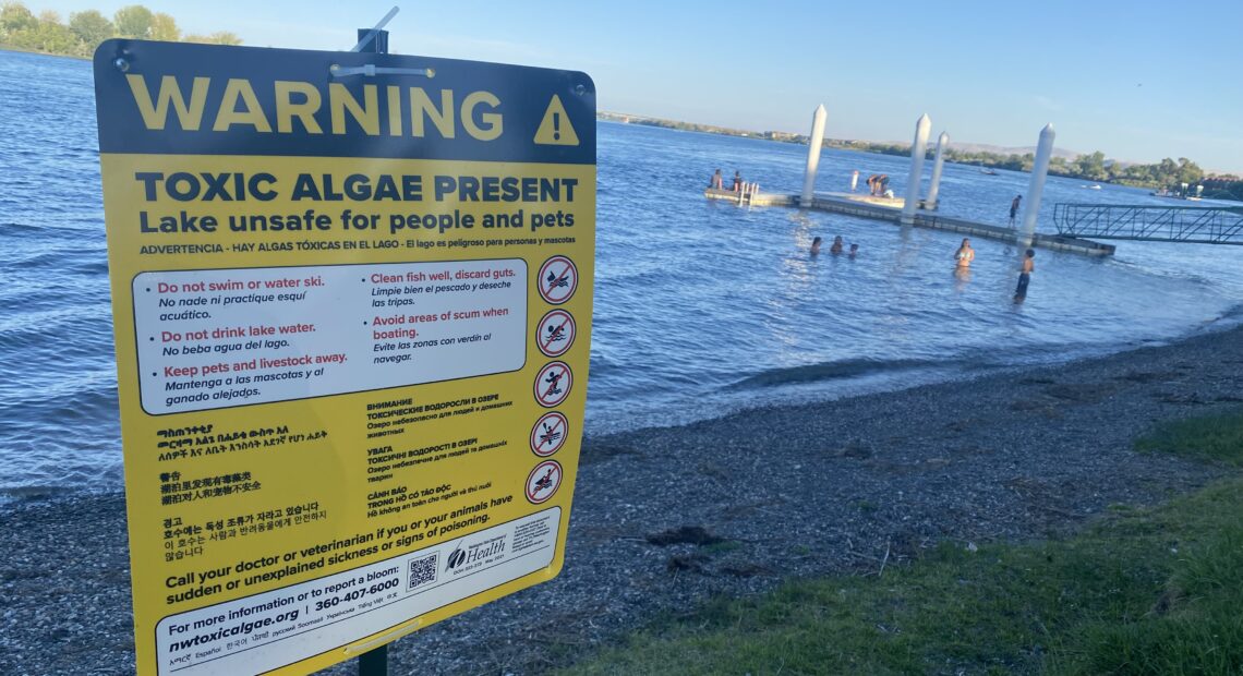Children play recently at Howard Amon park in Richland, near a sign warning of toxic algae