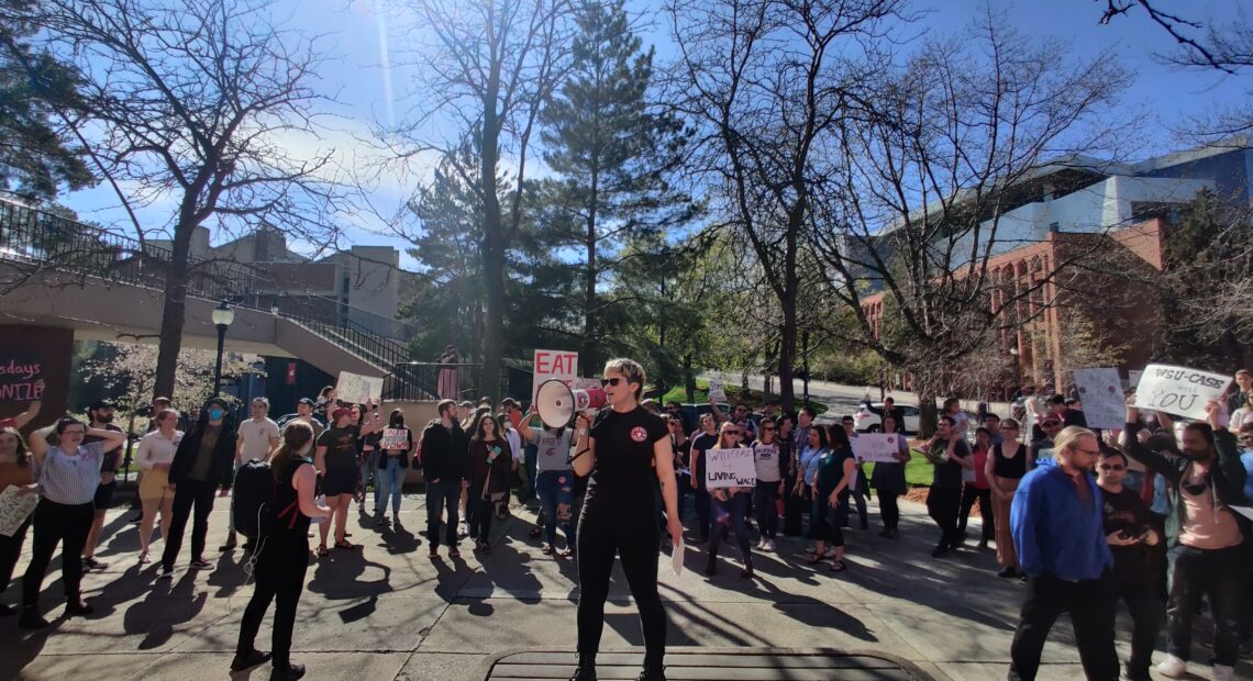 Members of the WSU Coalition of Academic Student Employees rally in May 2022 on WSU's Pullman campus. (Credit: WSU-CASE/UAW)