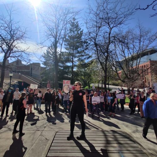 Members of the WSU Coalition of Academic Student Employees rally in May 2022 on WSU's Pullman campus. (Credit: WSU-CASE/UAW)