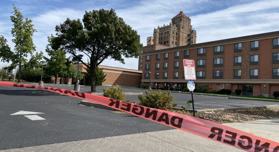 The historic Marcus Whitman Hotel in Walla Walla is taped off and shut down until officials can learn more about the plume of gasoline underneath some of downtown