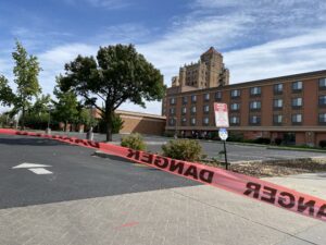 The historic Marcus Whitman in Walla Walla is taped off and shut down until officials can learn more about the plume of gasoline underneath some of downtown