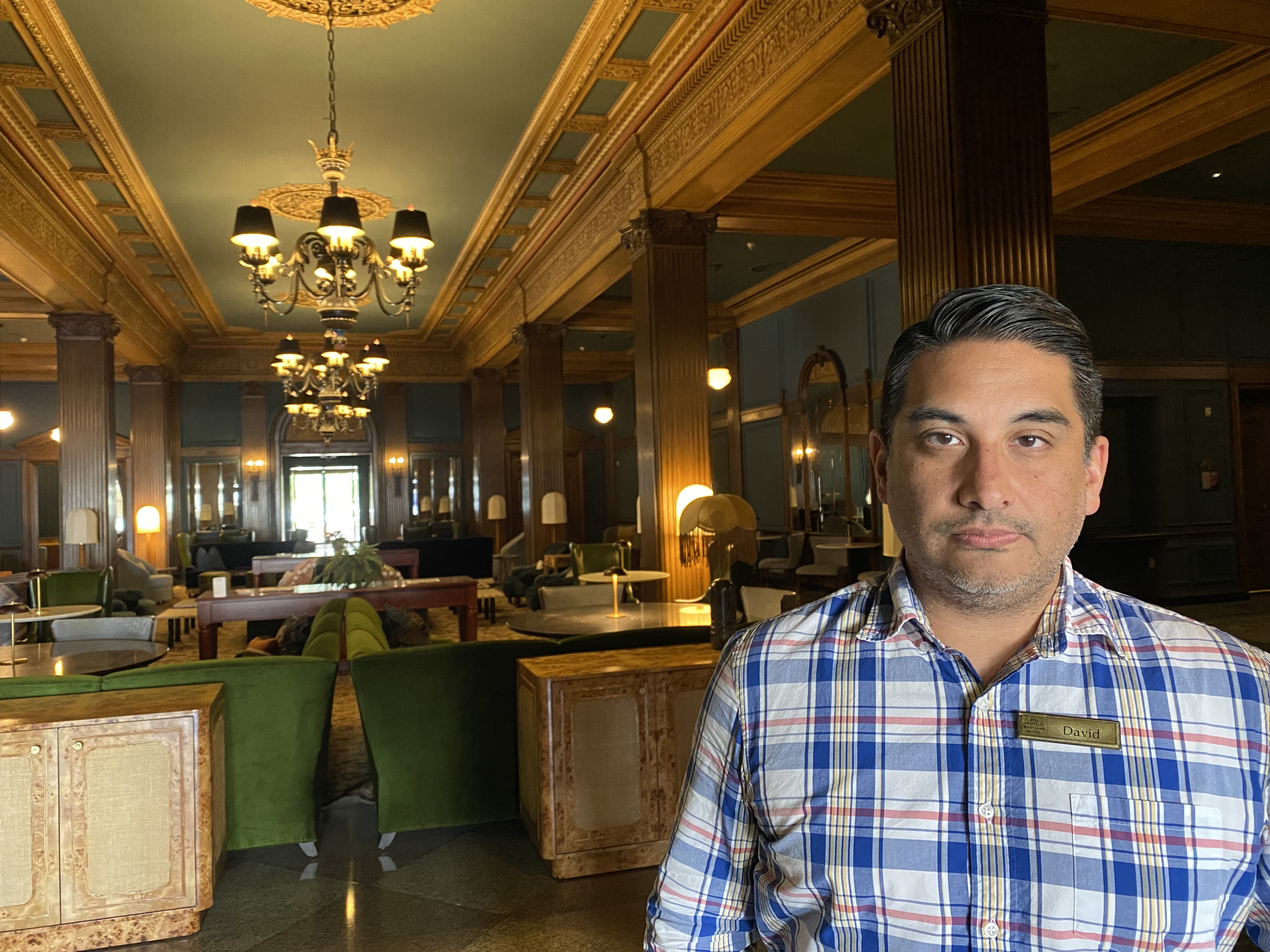 David Gavaldon, interim Marcus Whitman hotel manager, grimly surveys the massive lobby without any guests in Walla Walla