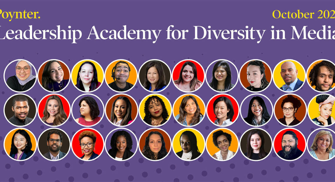 The words "Poynter Leadership Academy for Diversity in Media" and "October 2023" sit on a purple background above 30 circle frames showing the faces of the 30 journalists selected for the academy.