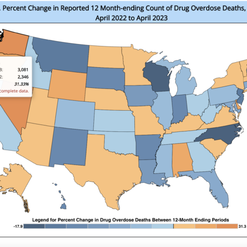 Map of Percent Change in Reported 12 Month-ending Count of Drug Overdose Deaths, by Jurisdiction: April 2022 to April 2023, showing Washington with an increase of 31.33%. // Courtesy of the Centers for Disease Control and Prevention
