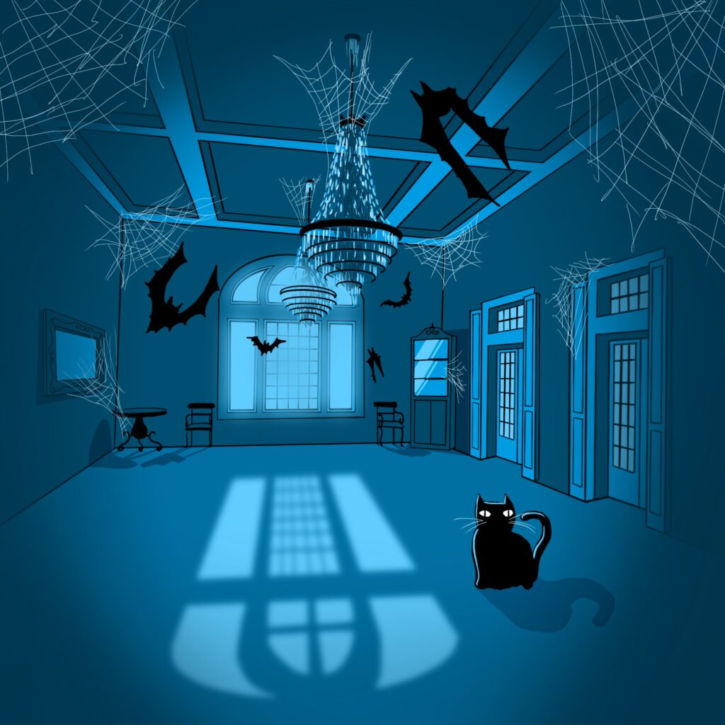 A dark ballroom with hanging chandeliers is coated in spiderwebs. Bats flap through the air as a cat stares forward, backlit by moonlight coming through a large window in the back of the room.