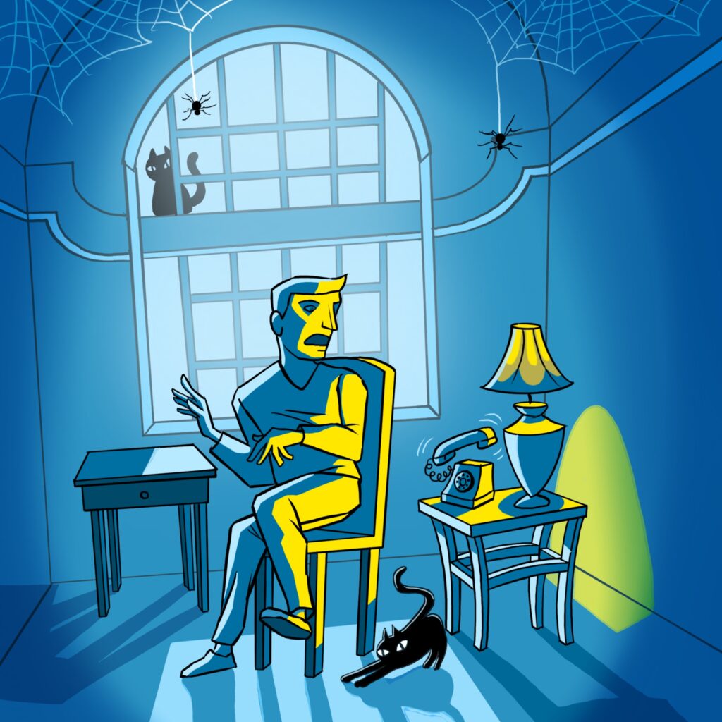 A man sits in a chair and is startled by a ringing telephone from the desk on his left that's lit by a lamp. A cat stretches at his feet while another cat peers in through the large window behind him. Spiders dangle from spiderwebs on the ceiling.