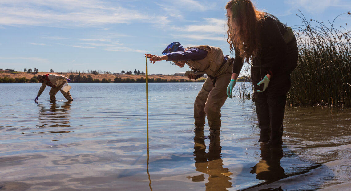 U.S. Environmental Protection Agency scientists Rochelle Labiosa (right) and Lil Herger examine the Columbia River for toxic algae as Jason Pappani leans over to reach into the water