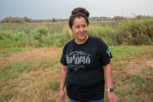 Kristi Olney is the lead biologist for the Yakama Nation Wildlife Program, which oversees the buffalo herd. She said the tribe brought in buffalo from Yellowstone to create genetic diversity within the herd. “The Yellowstone buffalo, they’re more pure, more wild,” she said. (Credit: Annie Warren)