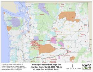 A map showing large fires that have burned so far this year in Washington. The different colored areas represent different land ownership boundaries. (Courtesy of the Northwest Interagency Coordination Center)