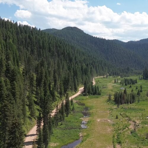 A drone photo shows a remote dirt road next to a green meadow surrounded by mountains covered by evergreen trees.