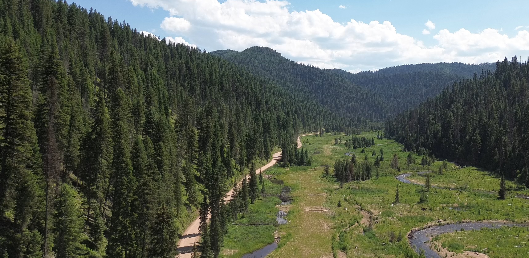 A drone photo shows a remote dirt road next to a green meadow surrounded by mountains covered by evergreen trees.