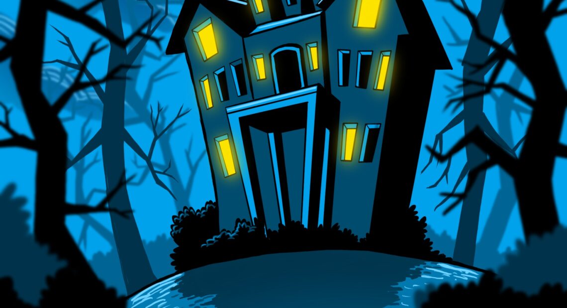 An illustration shows the Governor's Mansion on a hillside. Light shines out of some of the windows while spooky trees surround the mansion and bats flat above through a full-moon sky.