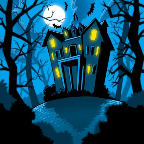 An illustration shows the Governor's Mansion on a hillside. Light shines out of some of the windows while spooky trees surround the mansion and bats flat above through a full-moon sky.