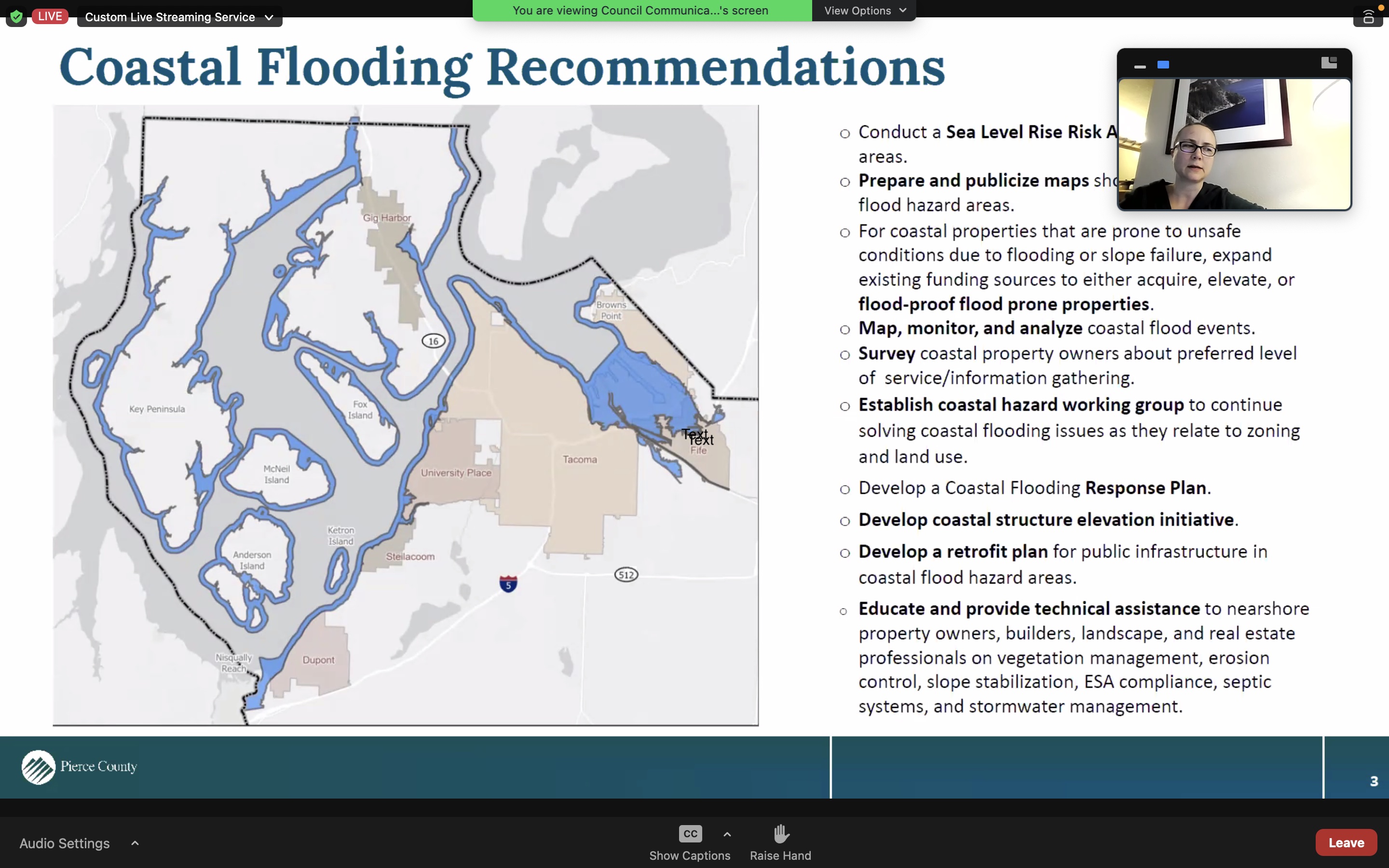 During the Oct. 17, Pierce County Council meeting, Greta Holmstrom, Pierce County Senior Planner presented responses to outstanding questions about the flood plan. (Credit: Lauren Gallup, screenshot / NWPB)