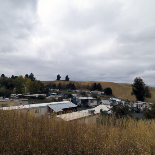 A mobile home community filled with grey and white trailer houses can be seen surrounded by tall golden grass under a cloudy sky.