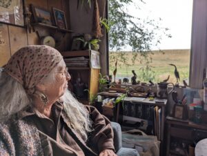 Miriam Kent sits in a chair in her living room. She looks out a window into a golden field. 