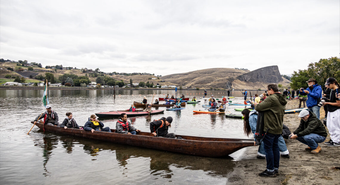 Photo by Cole Quinn. Snake River Dam Campaign supporters prepare to launch canoes into the Snake River to advocate for the removal of multiple nearby dams, Sept. 30, 2023, at Hells Gate State Park in Lewiston, Idaho.