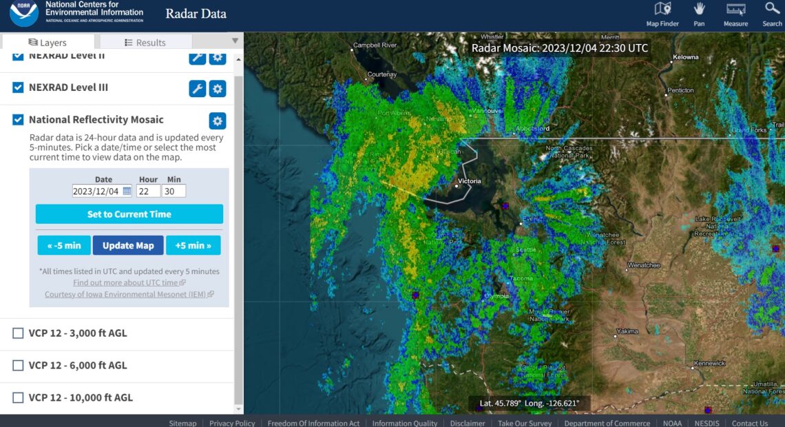 The NOAA radar, showing the storm that moved over Western Washington. The rain shadow is shown in the center. (Credit: Lauren Gallup / NWPB)