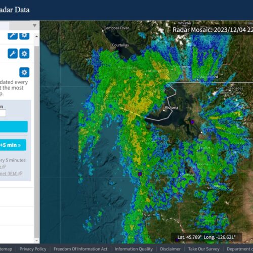 The NOAA radar, showing the storm that moved over Western Washington. The rain shadow is shown in the center. (Credit: Lauren Gallup / NWPB)