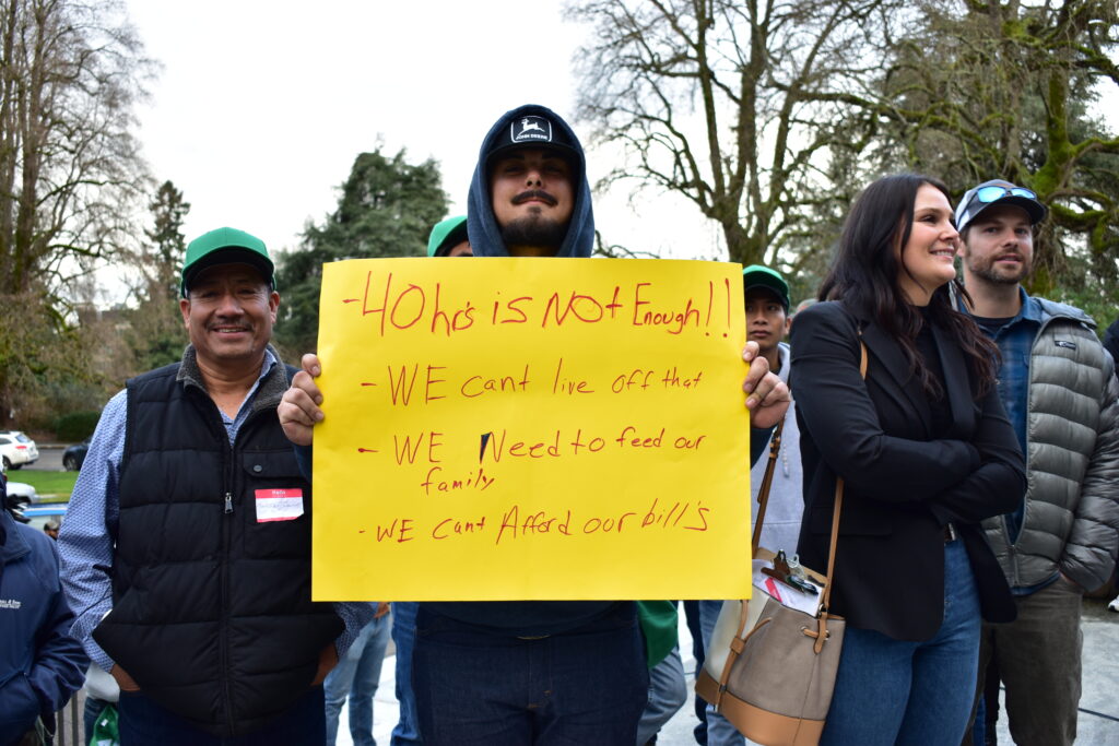 Farmworkers rally against the overtime law in Olympia, 2024.