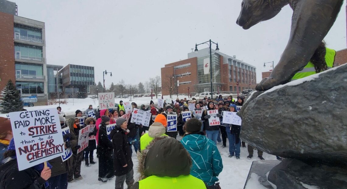 Students stand with handmade signs in the snow on the Pullman WSU campus. A cougar statue is seen nearby.