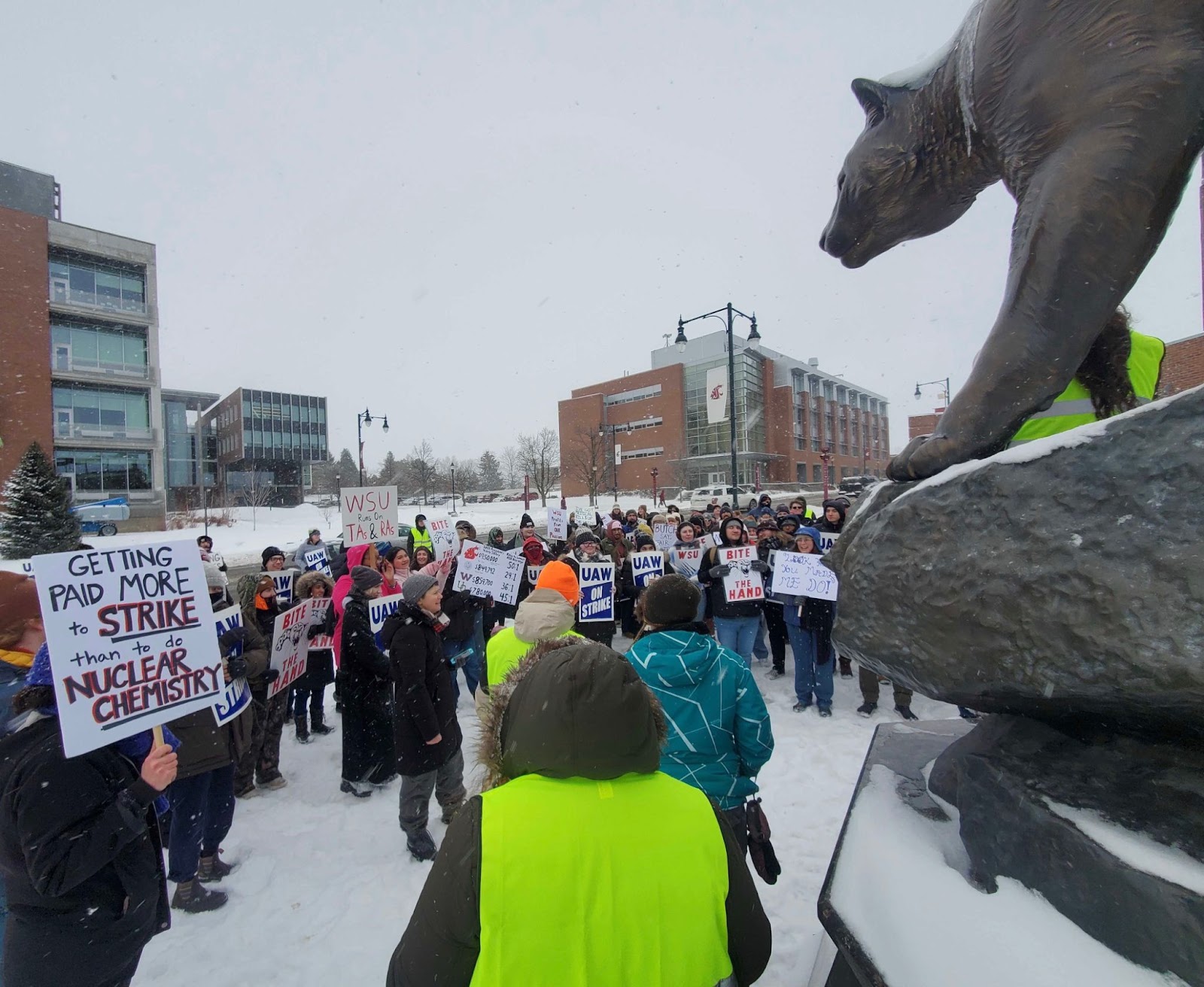 Students stand with handmade signs in the snow on the Pullman WSU campus. A cougar statue is seen nearby.