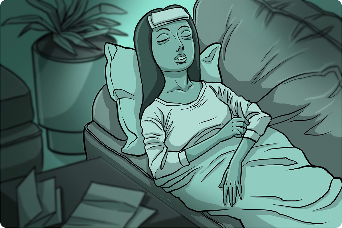 Illustration of a woman laying ill on the couch.