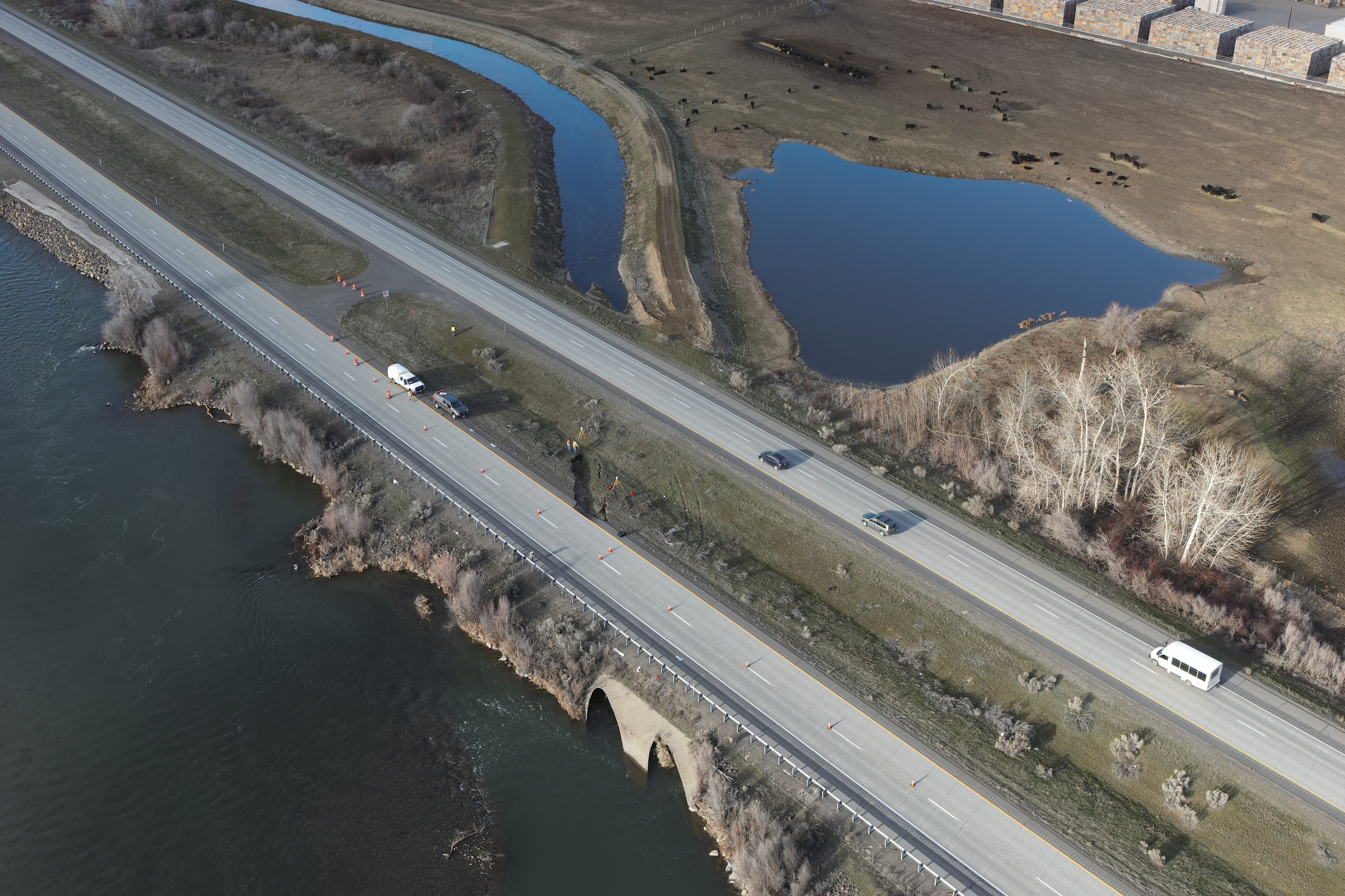 An aerial view of where the embankment failed under eastbound I-82 near Wapato. This was taken hours after it was discovered with the eastbound lanes closed.