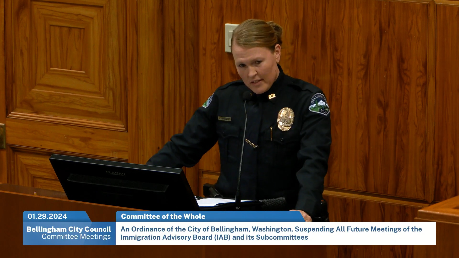 Bellingham's Police Chief, Rebecca Mertzig talking to the Bellingham's City Council.