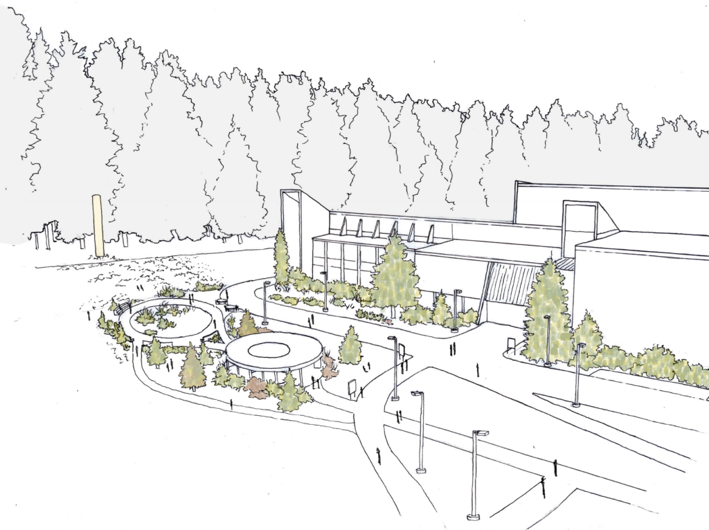 A drawing shows a side view of the Vandal Healing Garden and Memorial concept, with structures and circling paths dotted with bushes and trees. 