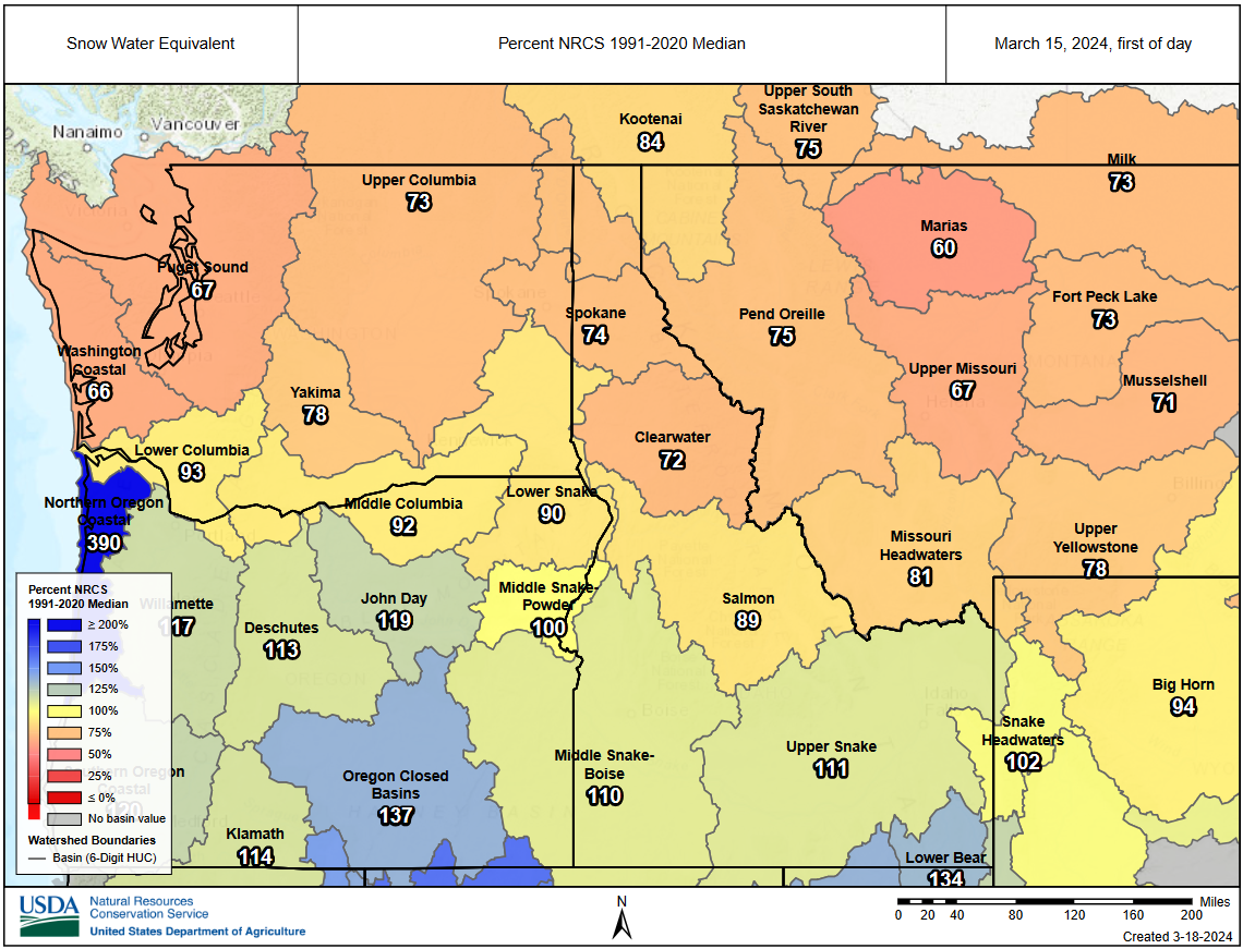 A map of snowpack levels across the Pacific Northwest shows lots of orange and yellow.