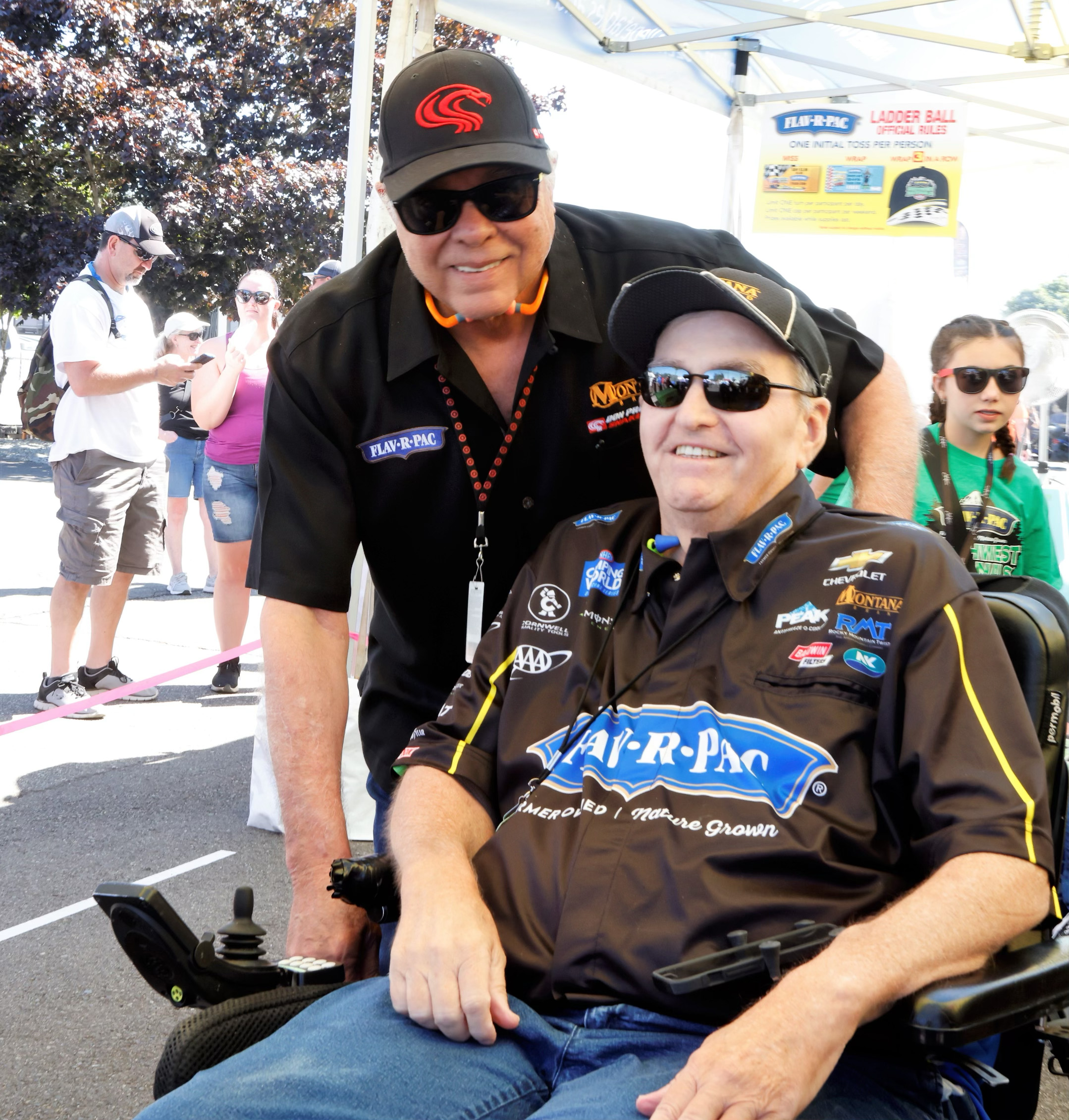 Frank Tiegs, right, with “The Snake” racer, Don Prudhomme, at the 2023 NHRA Northwest nationals in Seattle. 