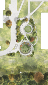A green and grey drawing shows a bird's eye view of a garden rendering with cement structures, trees and bushes.