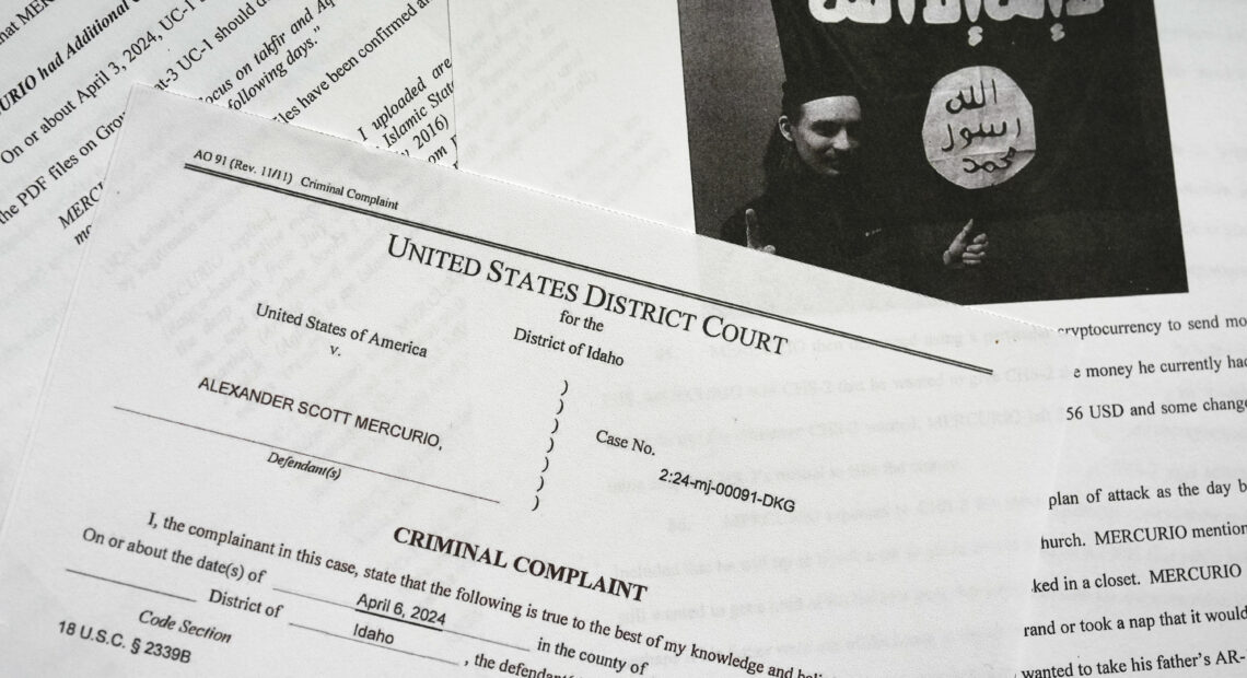Documents show the charges filed against Mercurio and a photo of Mercurio next to an ISIS flag in black and white.