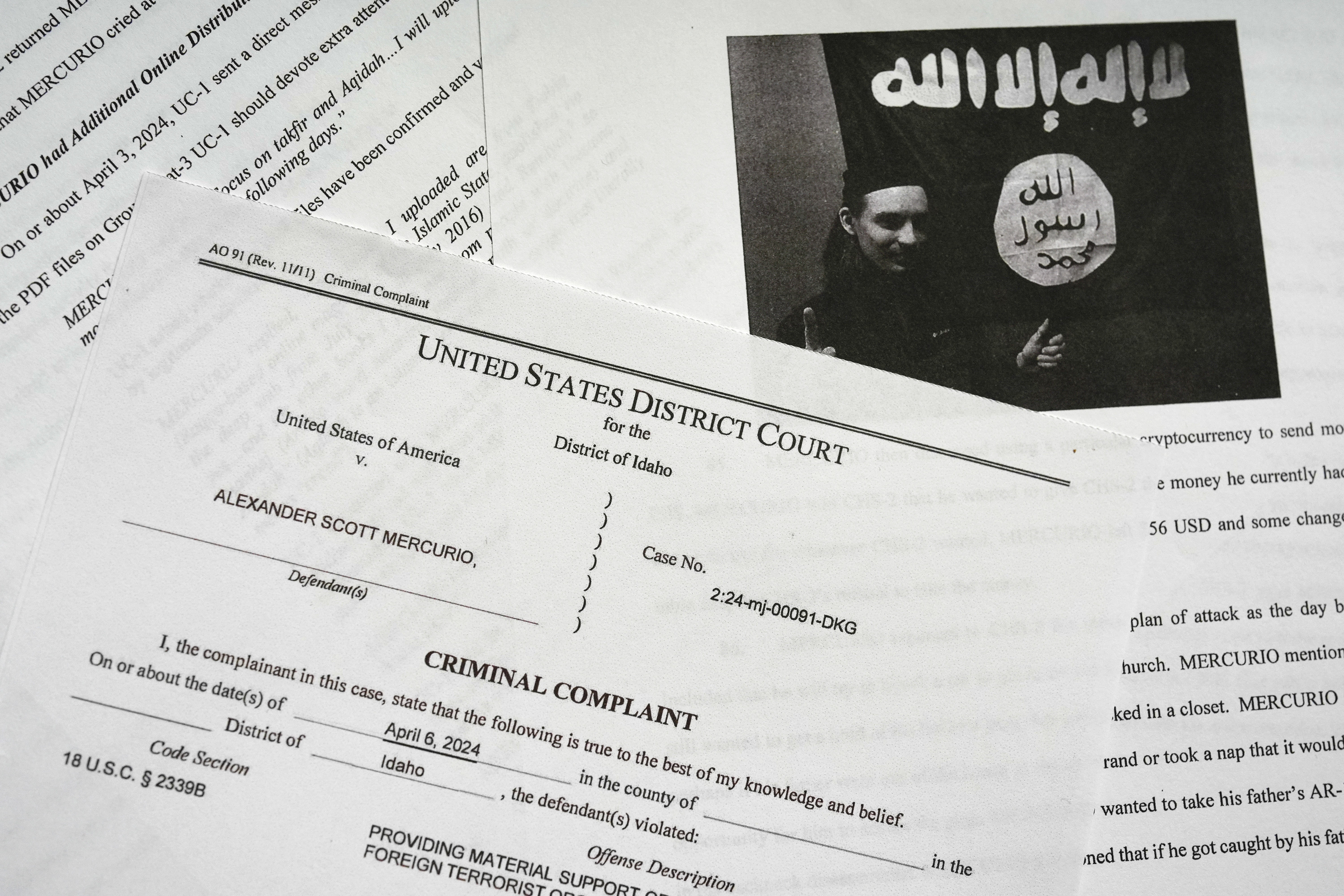 Documents show the charges filed against Mercurio and a photo of Mercurio next to an ISIS flag in black and white.