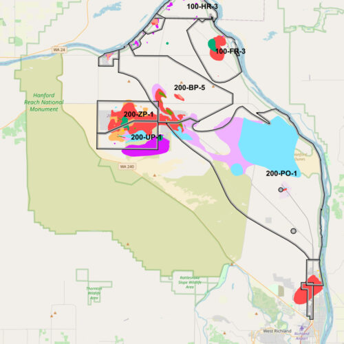 A snapshot of the Hanford cleanup site showing the various groundwater plumes across the site.