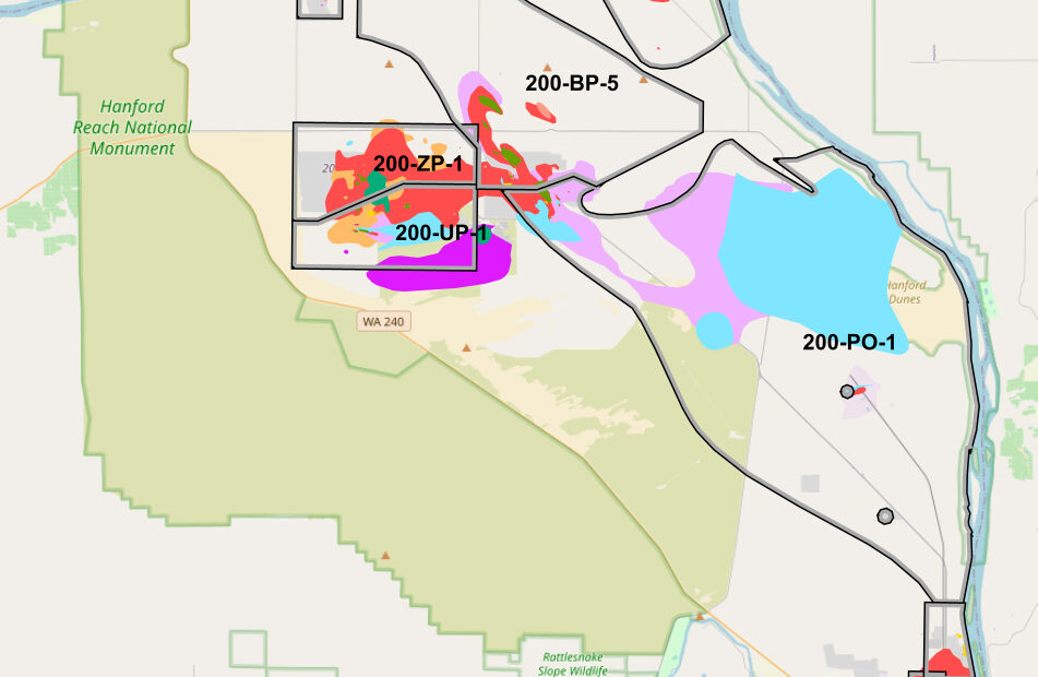 A snapshot of the Hanford cleanup site showing the various groundwater plumes across the site.